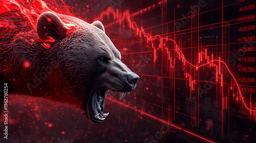 Bearish Market Concept. Fierce bear on the left side emitting strong red energy aura, background on the right showing declining financial charts and glowing red data streams, downward trend lines and 