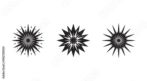 Set of black starburst explosion shapes  abstract burst designs  graphic elements  explosion icons  starburst collection
