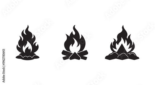 Set of campfire flame icons in black silhouettes on white background for outdoor and nature concepts  simple fire symbols