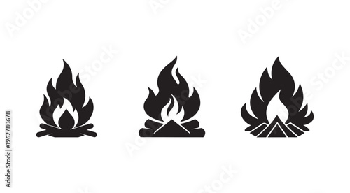 Set of campfire flame icons in different styles for outdoor and adventure designs  simple silhouettes