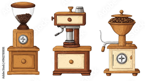 Illustration of three antique, wooden coffee grinders on white, each with unique features