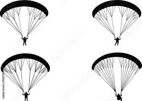 Parachute skydiver silhouettes set showing different parachuting positions with canopy lines isolated vector illustration for extreme sports and adventure design