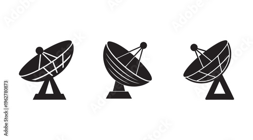 Set of satellite dishes in different angles for communication and signal reception  technology and broadcasting