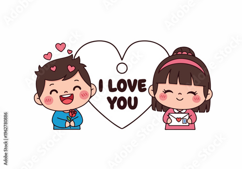 Cute Couple with Hearts and "I Love You" Message Illustration Celebrating Romance and Affection on Valentine's Day