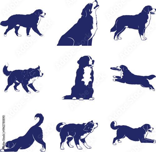 Nine Dark Blue Silhouettes of Bernese Mountain Dogs