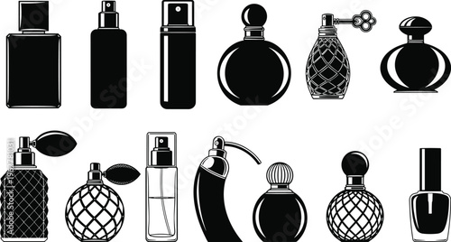 Perfume bottle icon set with vintage atomizer spray fragrance containers cosmetic packaging silhouettes isolated vector collection for beauty branding design