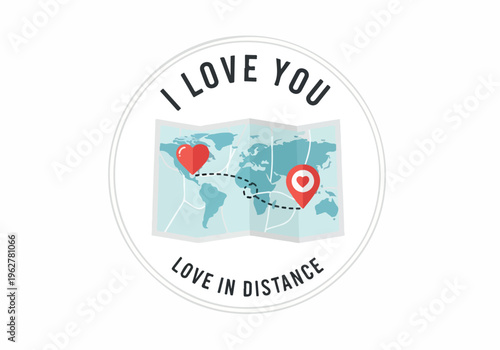 I Love You Long Distance" Illustrated Map with Heart Pins and Compass Rose Graphic Showing Affection Across Continents
