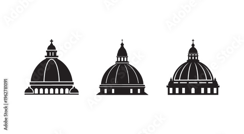 Set of three black and white dome shaped building silhouettes with towers and arches  isolated on white background