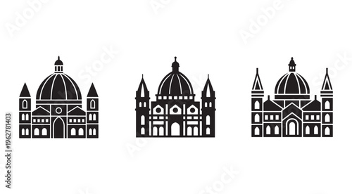 Set of three black silhouette illustrations of famous cathedral buildings with domes and towers on white background  architecture icons