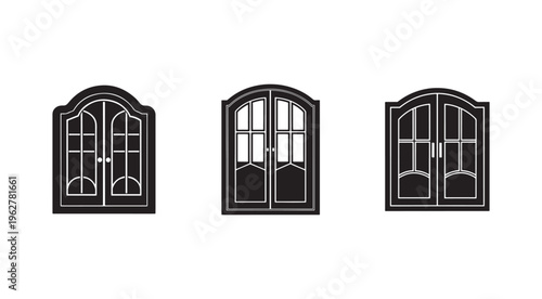 Set of three different black and white illustrations of double doors with windows in various styles and designs for architecture and interior design inspiration  modern and traditional