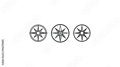 Three minimalistic compass rose illustrations arranged horizontally, black lines on white