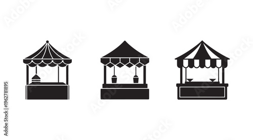 Set of three different market food vendor stalls with roofs and counters  market stalls for selling various products  vendor booths with awnings