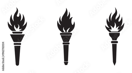 Set of three torches with different flames  isolated on white background
