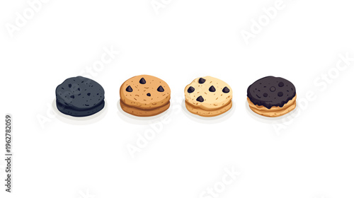 Digital art showing four sandwich cookies with different flavors on a white background