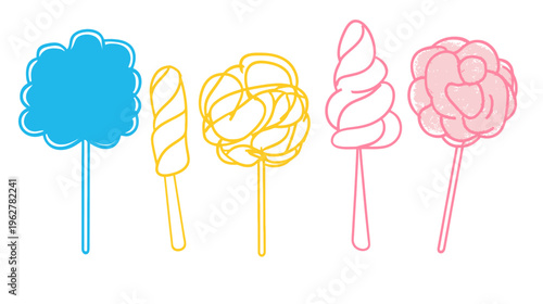 Five colorful, differently shaped lollipops lined up, outlined on a white background
