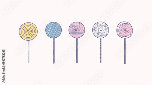 Five stylized, sketchy lollipops with different patterns and colors on sticks