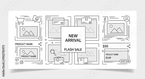 Wireframe, web page templates, new arrival flash sale, ecommerce UI elements, vector graphics