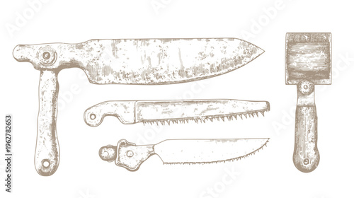 Etched illustration of butcher knives and cleavers, arrayed vertically on white