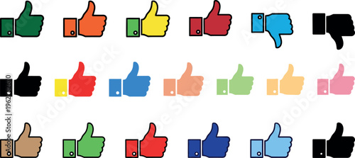 A collection of colorful thumbs up and thumbs down icons in various hues and shades on a white background