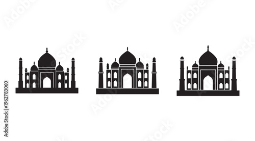 Taj Mahal iconic monument silhouettes in various angles and perspectives  famous Indian architecture  historical building designs