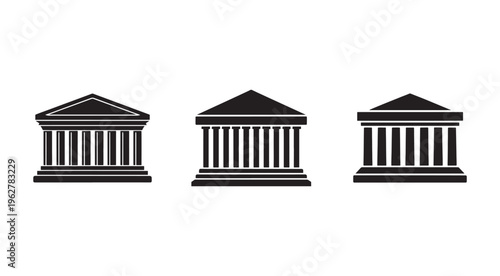 Three ancient Greek or Roman temple icons with columns and triangular roofs  architectural elements  isolated on white background