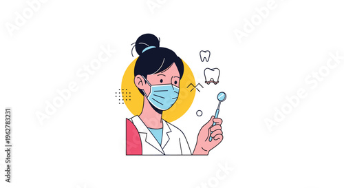 Professional female dentist wearing a medical face mask and lab coat while holding a dental mirror next to tooth icons on a yellow circle.