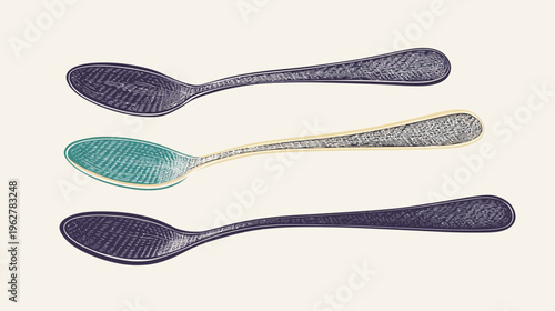 Three spoons, rendered with textured, stylized cross-hatching on off-white background