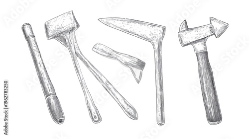 Illustration of a set of metal and wood farrier tools on a white background