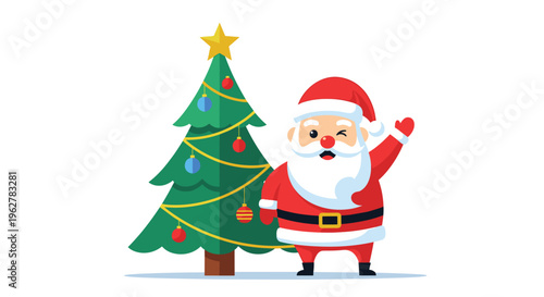 Cheerful santa claus winking and waving his hand while standing next to a decorated green christmas tree on a white background.