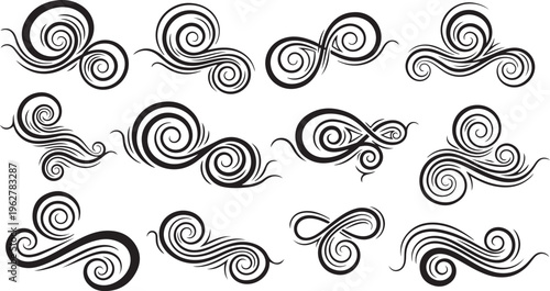 Black and white swirling abstract shapes and lines illustration