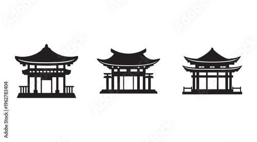 Three Asian style pagoda gate silhouettes in a row on white background  traditional oriental architecture designs  black and white illustration