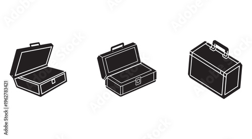 Three black and white briefcase icons in different positions  open and closed with handles and outlines on white background