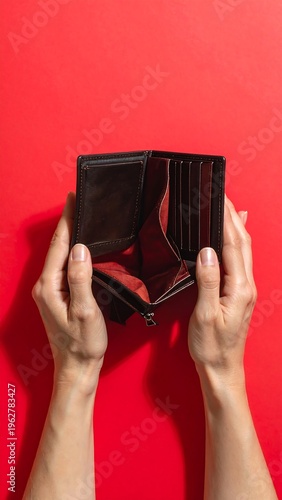 A person holds an empty brown leather wallet against a red background