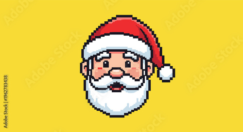 Pixel art illustration of a smiling santa claus face wearing his iconic red and white hat on a bright solid yellow background.