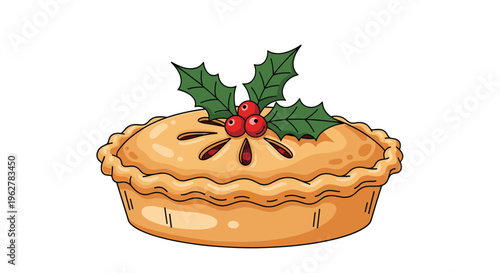 Traditional christmas fruit pie with a decorative holly leaf and red berries on top, baked to a golden brown crust on white background.