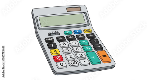 Calculator device with colorful buttons.