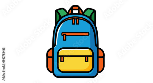 Colorful backpack with orange accents.