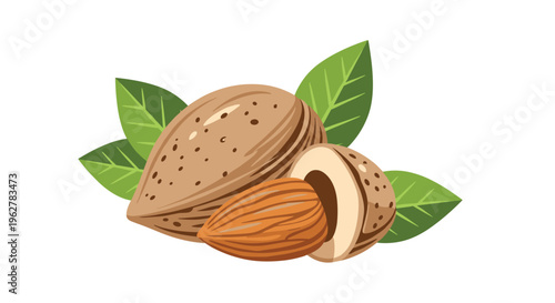 Cluster of healthy organic almonds with green leaves showing whole nuts and a partially shelled nut on a clean white background.