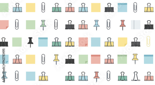 Colorful office supplies on white background.