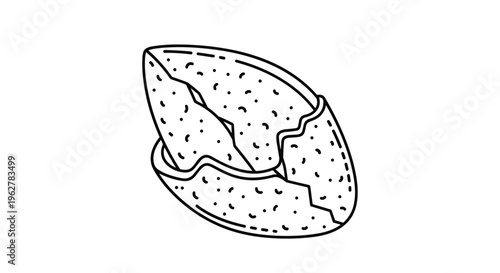Simple black and white line art illustration of a cracked and broken almond shell showing two separate halves on a white background.