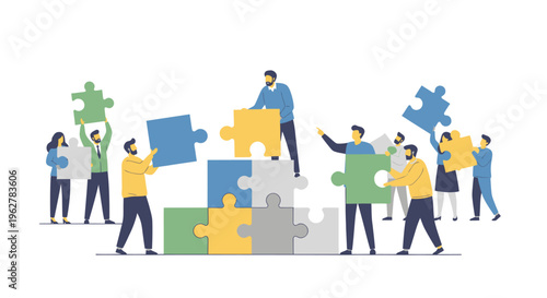 People working together on puzzle pieces.