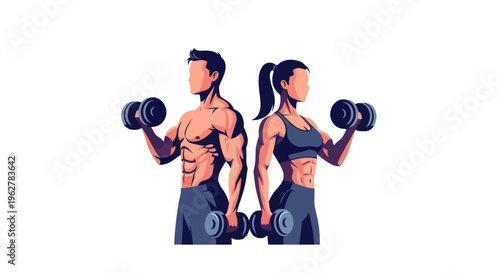 Man and woman lifting dumbbells strong.