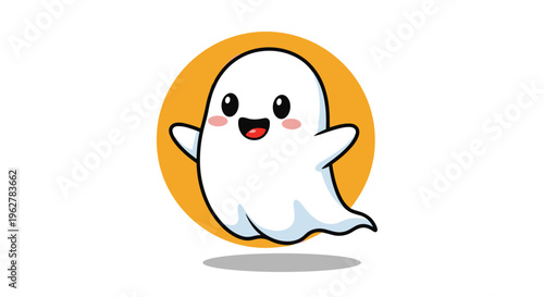 Cute cartoon white ghost character with big eyes and a happy smile flying with arms outstretched against an orange circle background.