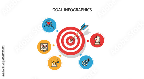 Goal infographics illustration featuring a central bullseye target with surrounding business icons for planning and strategy.