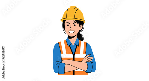 Smiling female construction worker in vest.