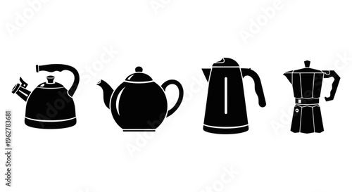 Black silhouettes of four kettles.