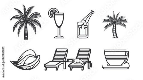 Vector icons showing palms, a drink, ice bucket, lounges, mango and teacup in black outline