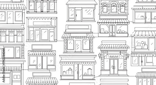 Illustration of various storefronts and building facades in a line drawing style