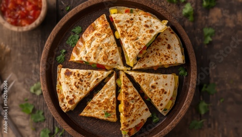 Top view web banner of a tortilla-wrapped quesadilla with corn and peppers