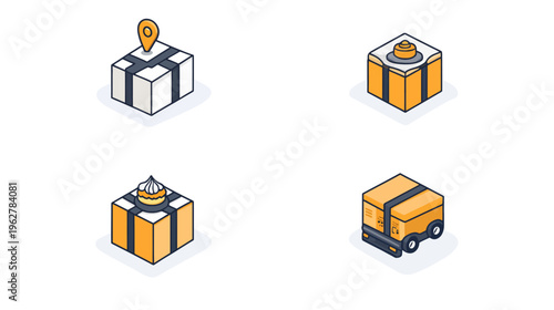Isometric style icons depict various packages, a location, sweets, and autonomous vehicle